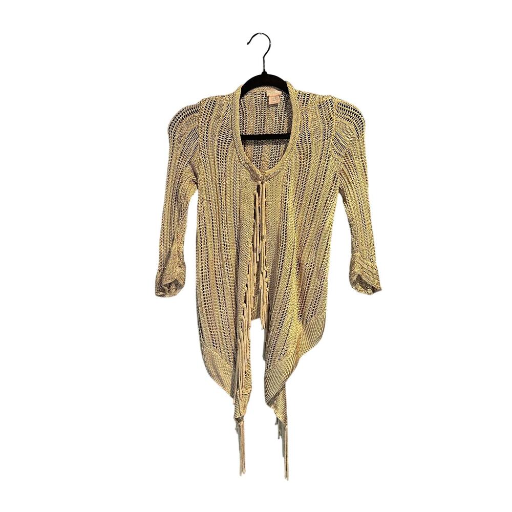 Chico's size 0 Boho Fringe Crochet Cardigan Taupe 3/4 sleeve Size 0 Layering